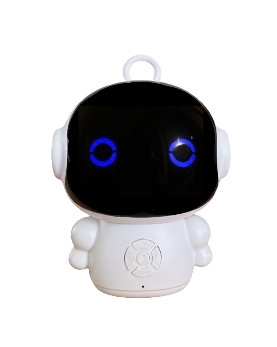 Otto on a plain background, a small white companion with a domed black face and two glowing blue ring eyes