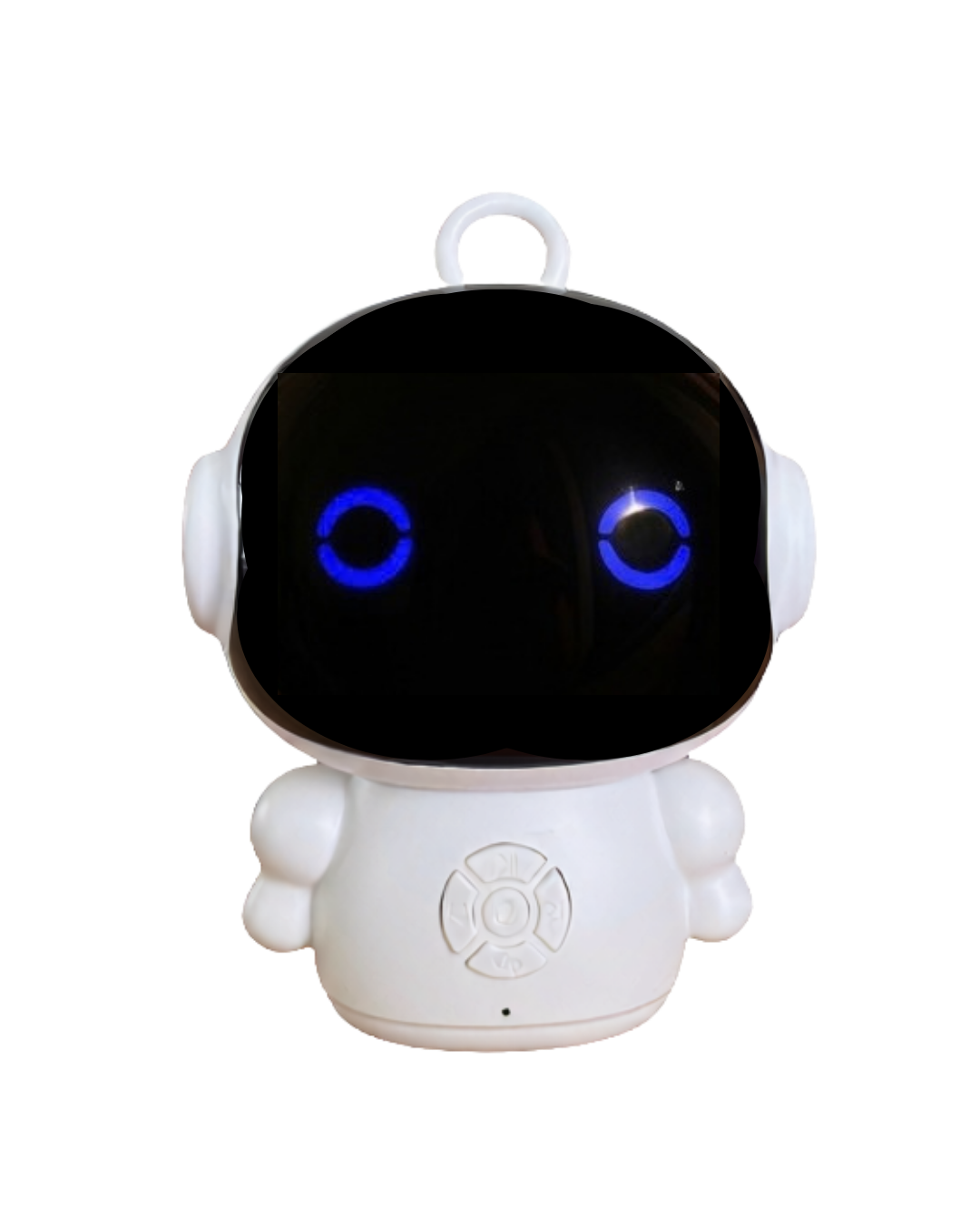 Otto on a plain background, a small white companion with a domed black face and two glowing blue ring eyes