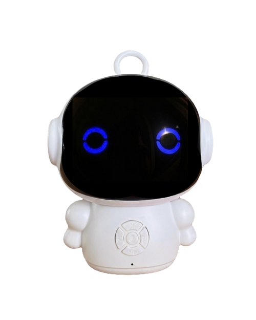 Otto on a plain background, a small white companion with a domed black face and two glowing blue ring eyes