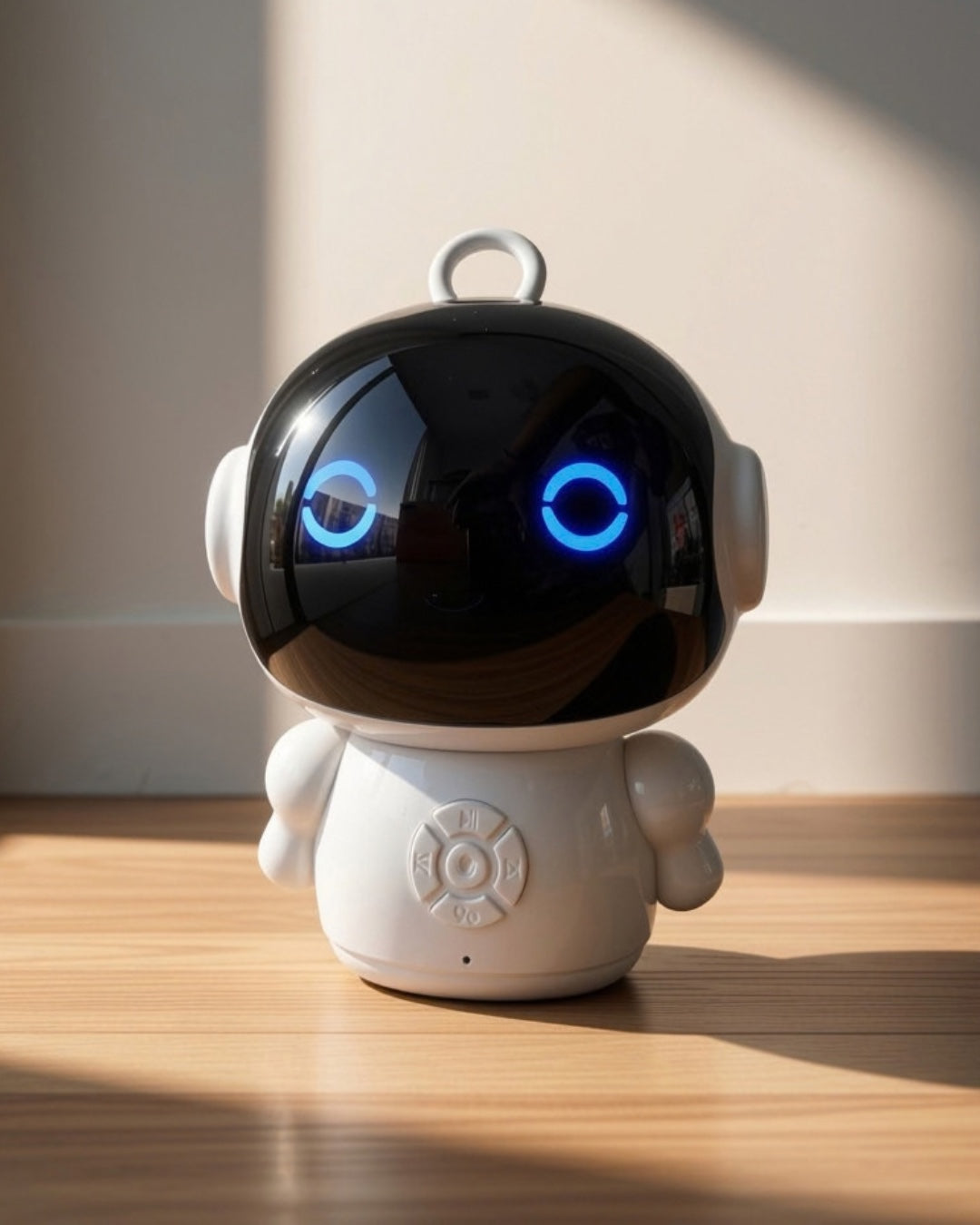 Otto standing on a wooden floor in afternoon sunlight, eyes glowing blue