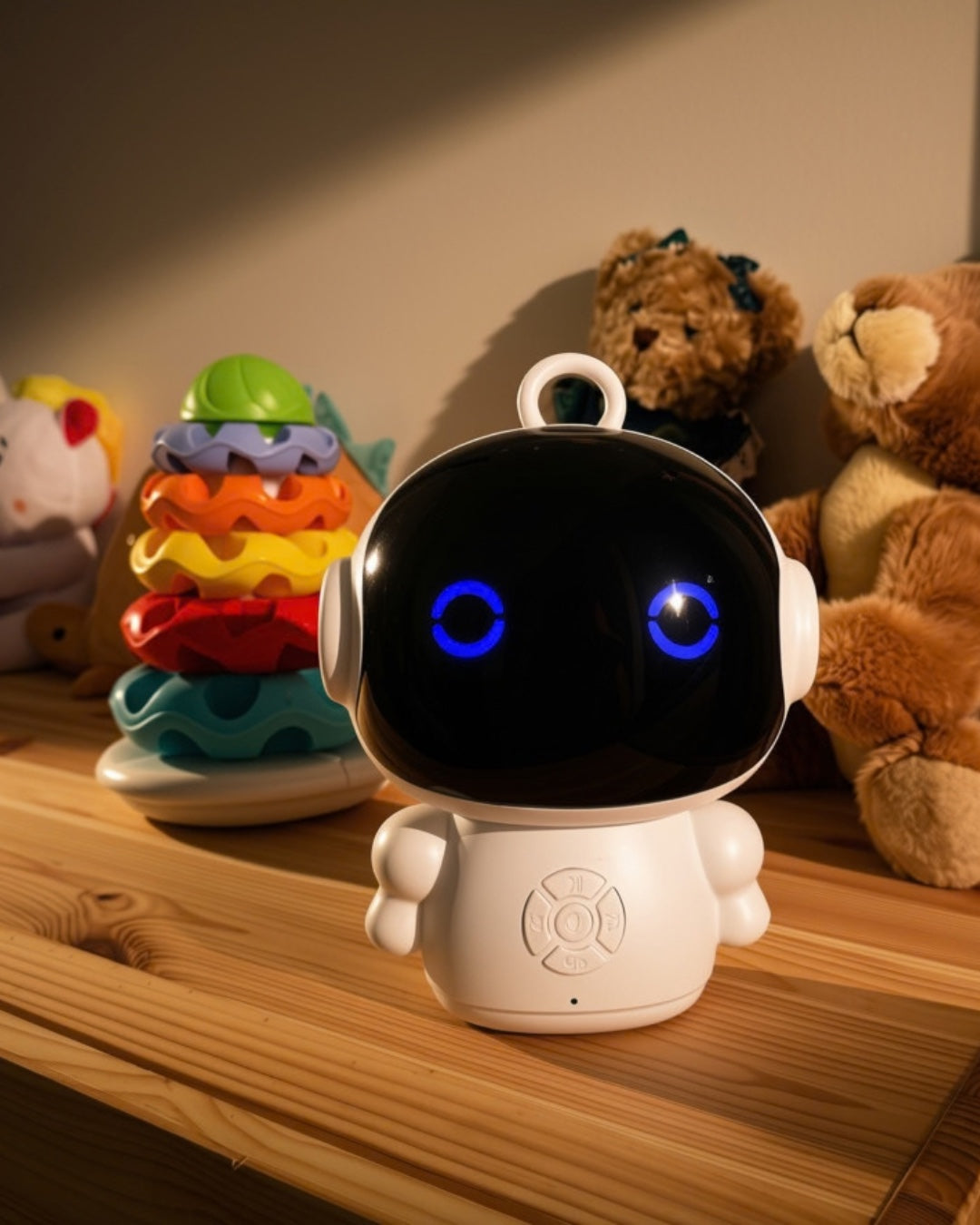 Otto on a bedroom shelf beside soft toys and stacking rings